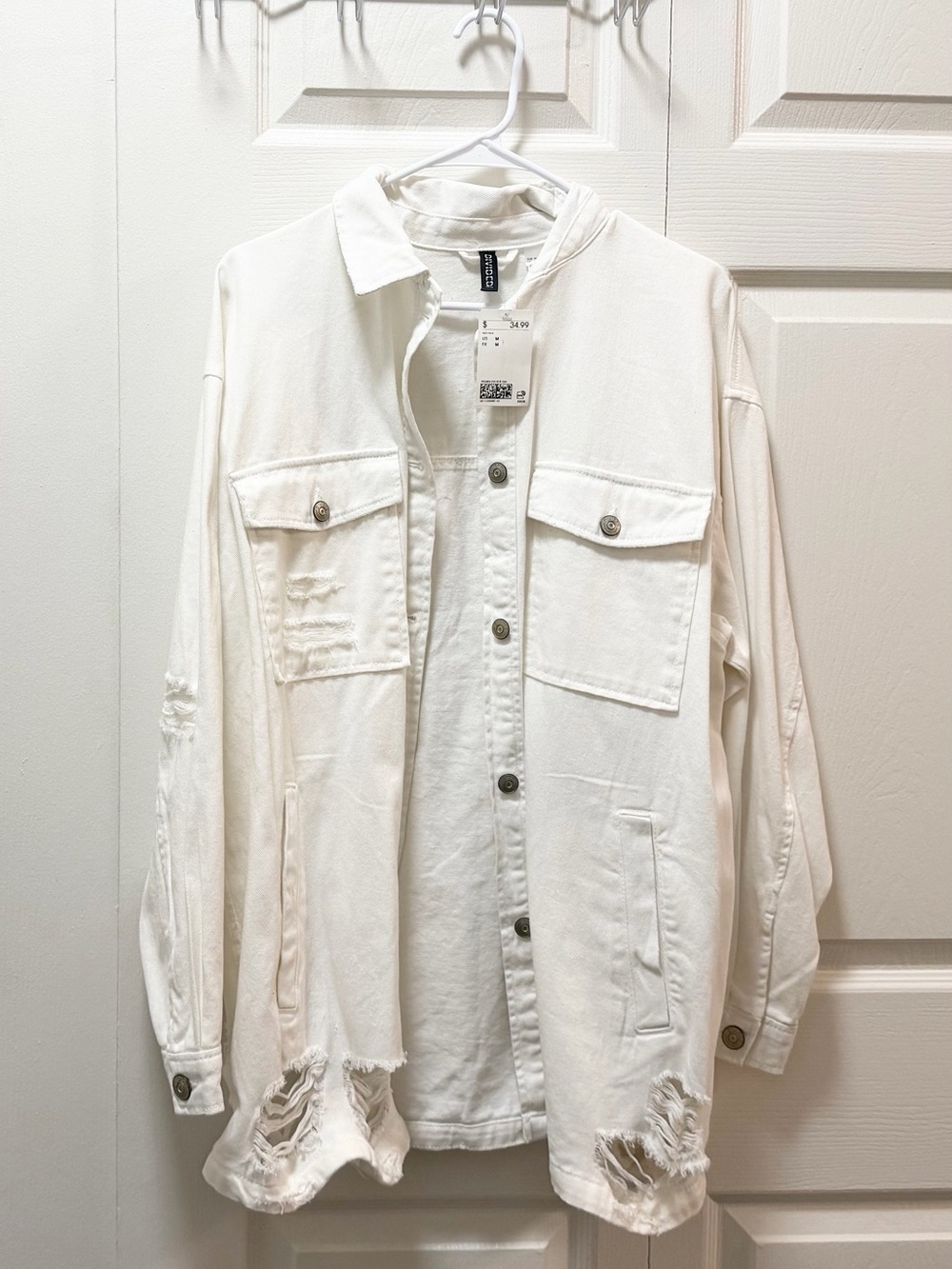 H&M White Distressed Denim Shacket